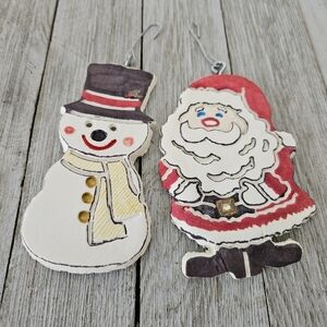 Vintage Santa Claus & Snowman 4" Chalkware Christmas Tree Ornaments with Hooks.